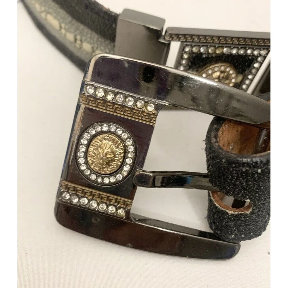 River Belts Snake Skin Belt 32 Black Leather Metal Accents Western Embossed